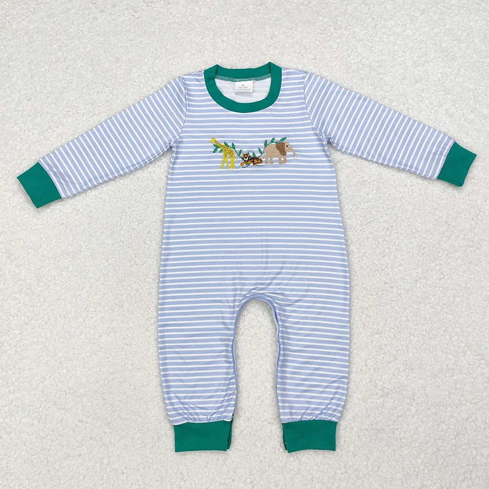 LR1616 Baby Boys Embroidery Animals Striped Long Sleeve Romper