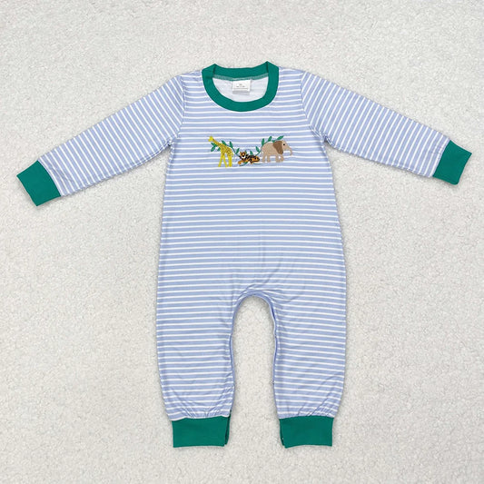 LR1616 Baby Boys Embroidery Animals Striped Long Sleeve Romper