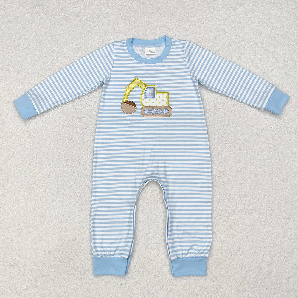 LR1617 Baby Boys Emdroidery Dogger Construction Blue Striped Long Sleeve Romper