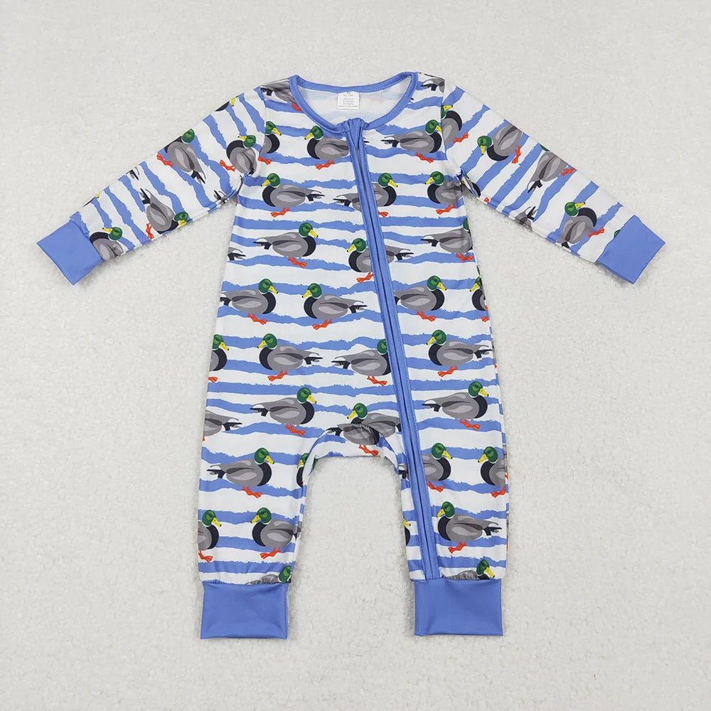 LR1645 Baby Boys Mallard Duck Long Sleeve Zipper Romper