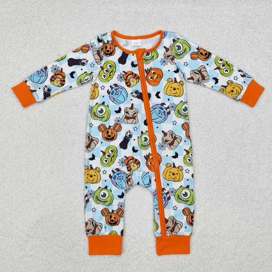 LR1650 Cartoon Monster Pumpkin Checkered Print Baby Boys Halloween Zipper Sleeper Romper
