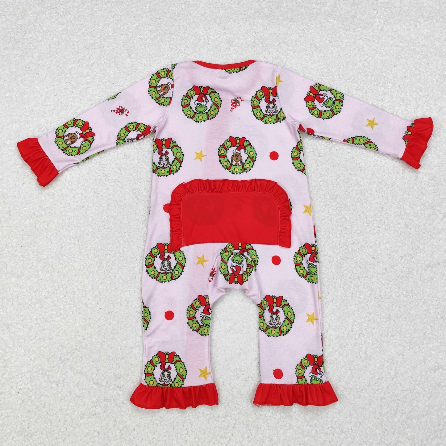 LR1664 Green Frog Candy Cane Pink Print Baby Girls Christmas Bamboo Zipper Sleeper Romper