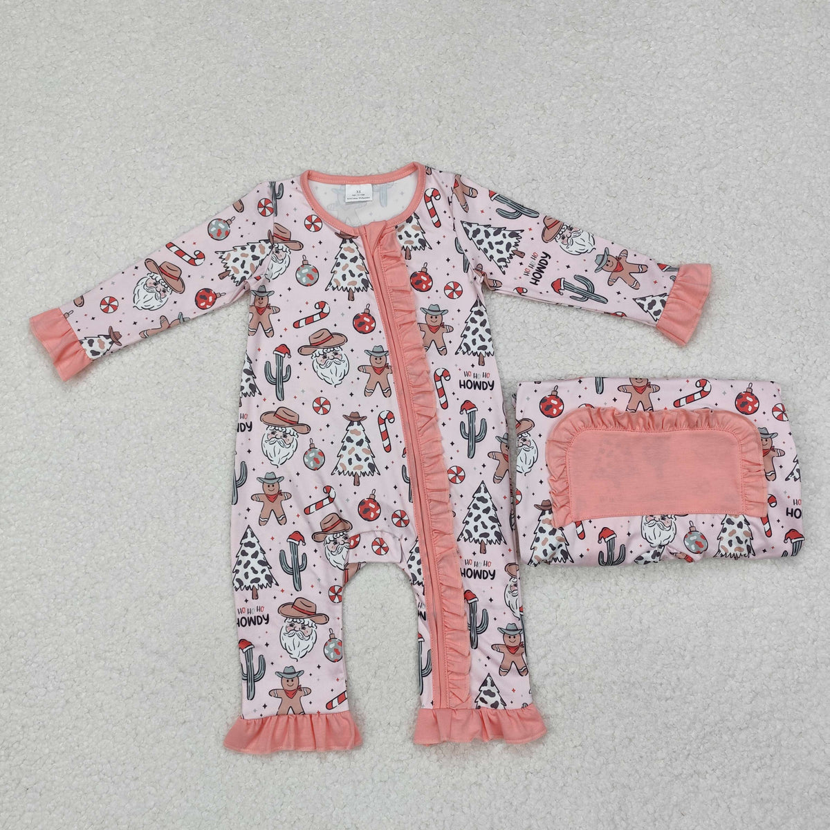 LR1675 Gingerbread Santa Candy Cane Print Baby Girls Christmas Zipper Sleeper Romper