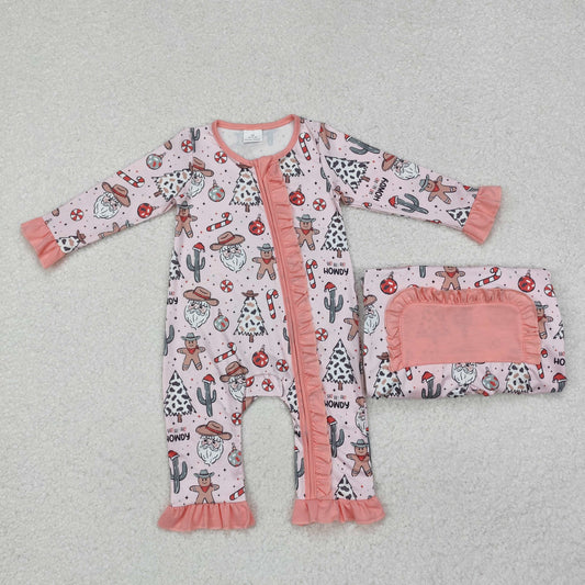 LR1675 Gingerbread Santa Candy Cane Print Baby Girls Christmas Zipper Sleeper Romper