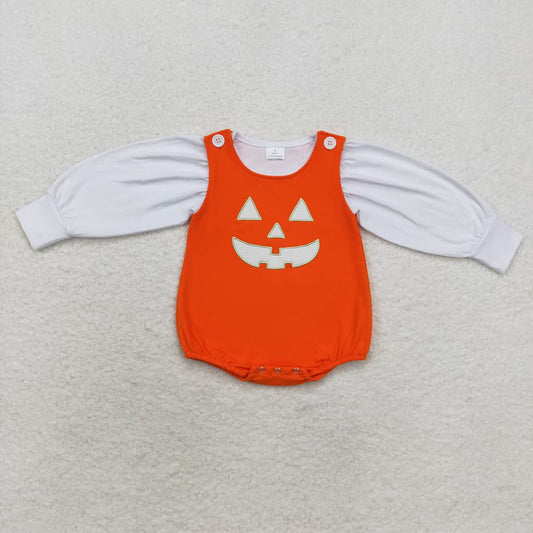 LR1702 White Top Smiling Face Embroidery Orange Romper Baby Girls Halloween Cotton Clothes Set