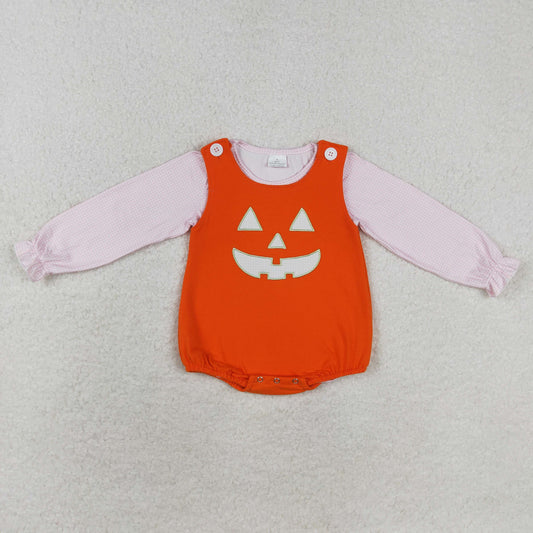 LR1703 Checkered Pink Top Smiling Face Embroidery Orange Romper Baby Girls Halloween Clothes Set