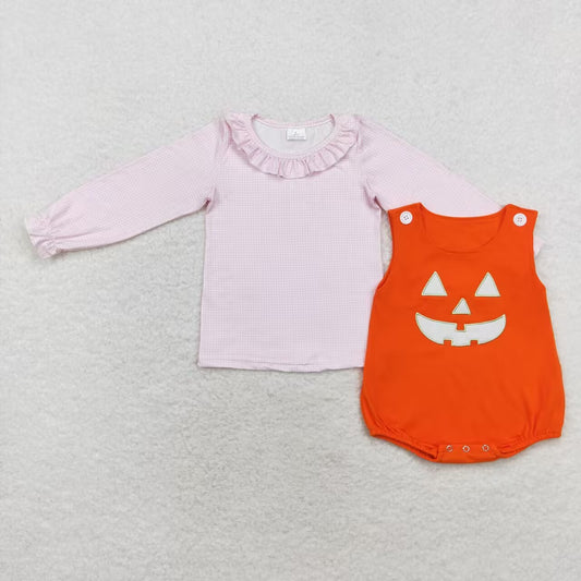 LR1703 Checkered Pink Top Smiling Face Embroidery Orange Romper Baby Girls Halloween Clothes Set