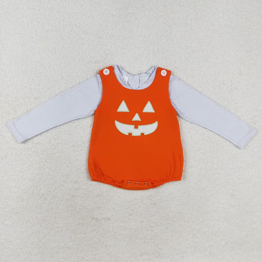 LR1704 Checkered Top Smiling Face Embroidery Orange Romper Baby Boys Halloween Clothes Set