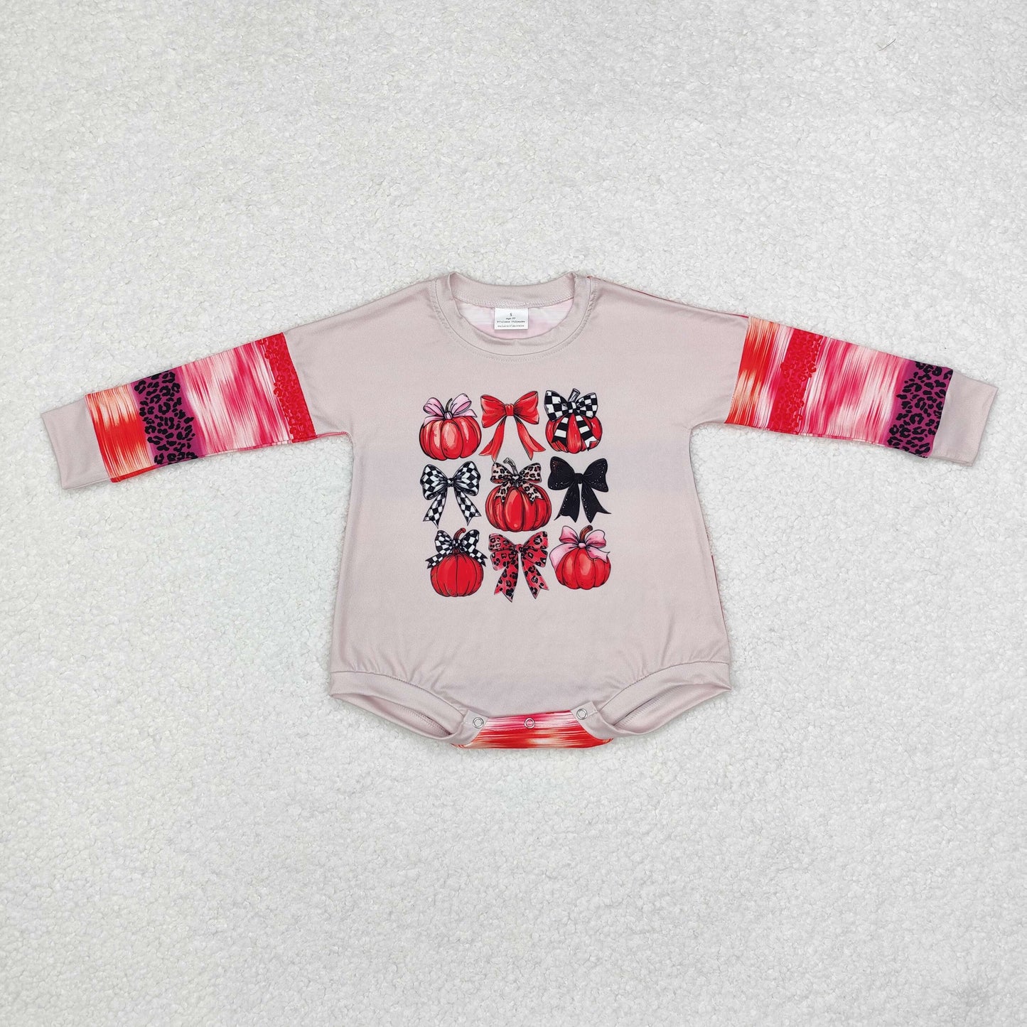 LR1724 Pumpkin Bows Leopard Print Baby Girls Fall Romper