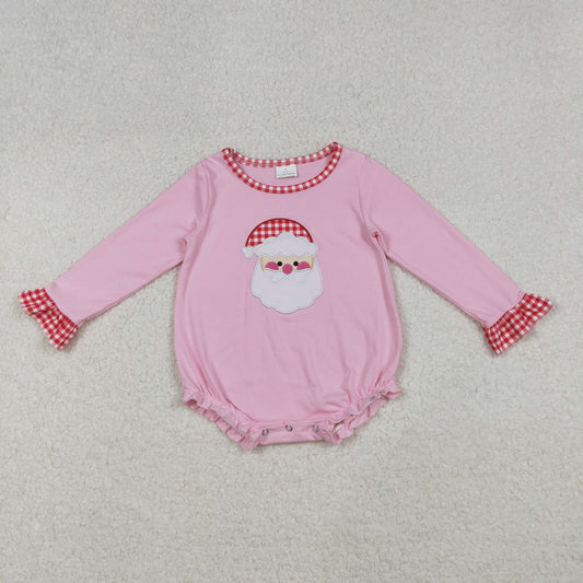 LR1733  Santa Embroidery Checkered Print Baby Girls Christmas Romper