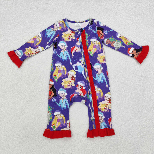 LR1741 Cartoon Princess Print Baby Girls Christmas Zipper Sleeper Romper