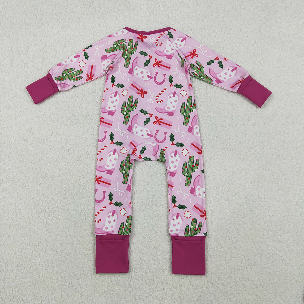 LR1742 Cactus Holly Boots Candy Cane Pink Print Baby Girls Christmas Zipper Sleeper Romper