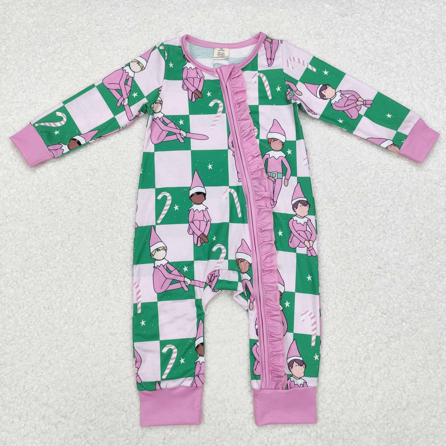 LR1818 Cartoon Shelf Checkered Print Baby Girls Christmas Bamboo Zipper Sleeper Romper