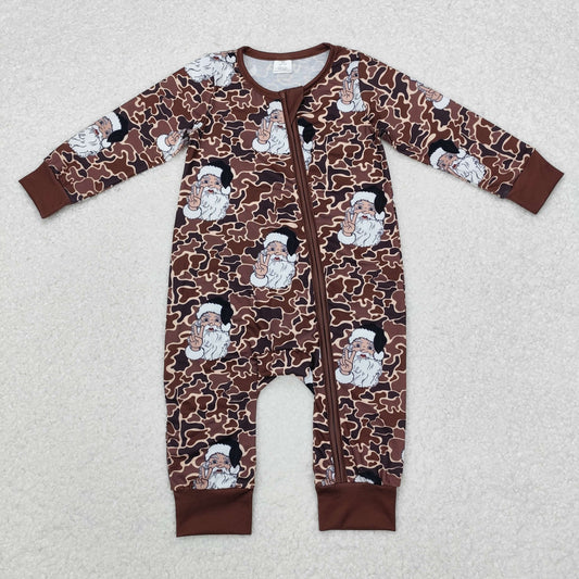 LR1820 Santa Brown Camo Print Baby Christmas Bamboo Zipper Sleeper Romper