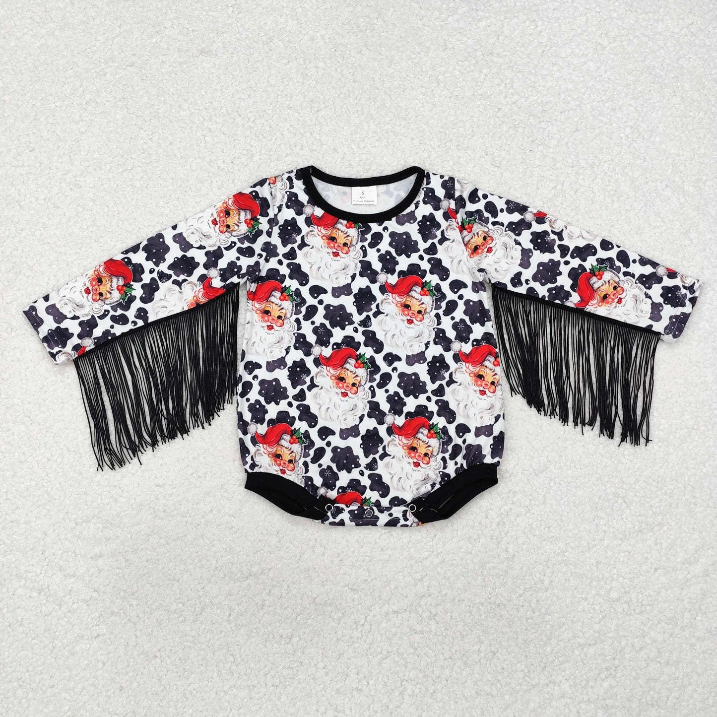 LR1827 Santa Cowhide Print Baby Girls Christmas Tassel Romper