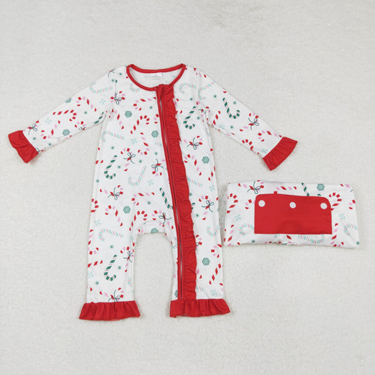 LR1842 Candy Cane Bows Print Baby Girls Christmas Zipper Sleeper Romper