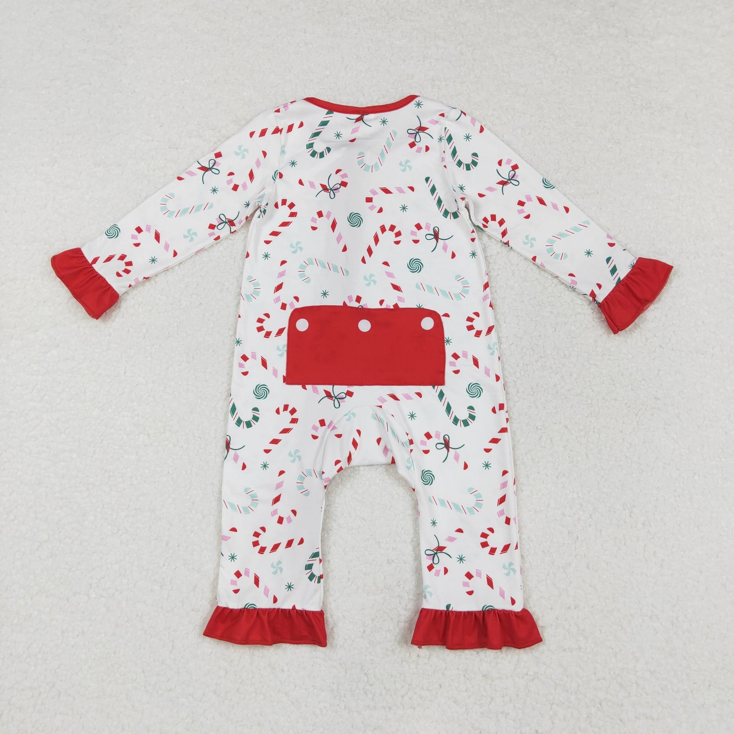 LR1842 Candy Cane Bows Print Baby Girls Christmas Zipper Sleeper Romper