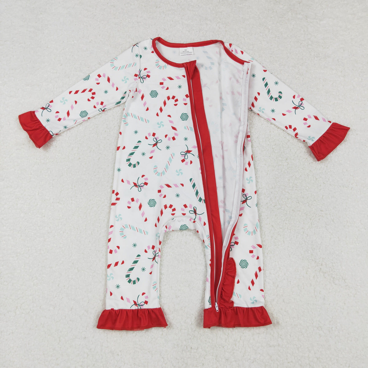 LR1842 Candy Cane Bows Print Baby Girls Christmas Zipper Sleeper Romper