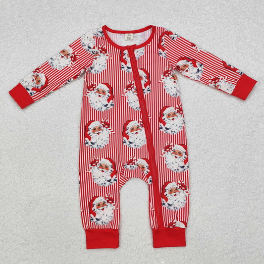 LR1891 Santa Stripes Print Baby Christmas Bamboo Zipper Sleeper Romper