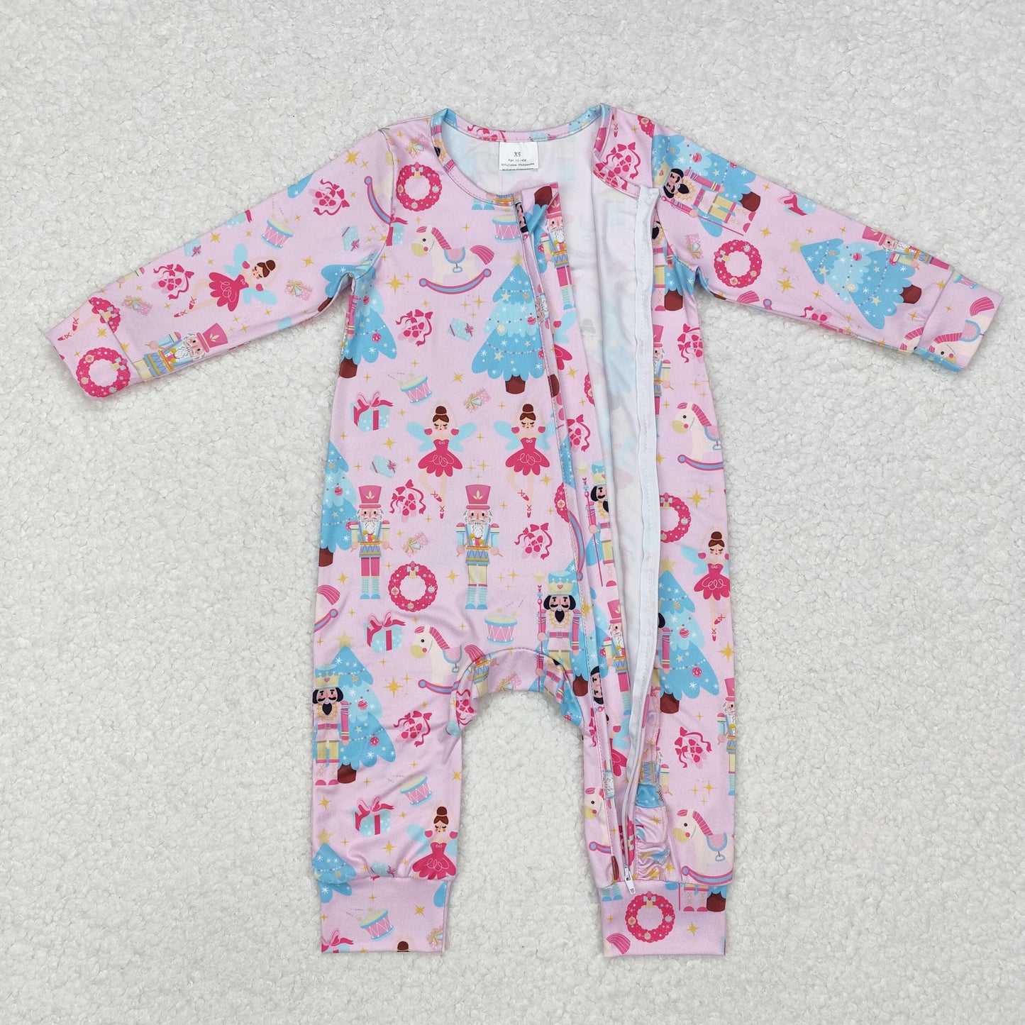 LR1970 Nutcracke* Soldier Pink Print Baby Girls Christmas Zipper Sleeper Romper