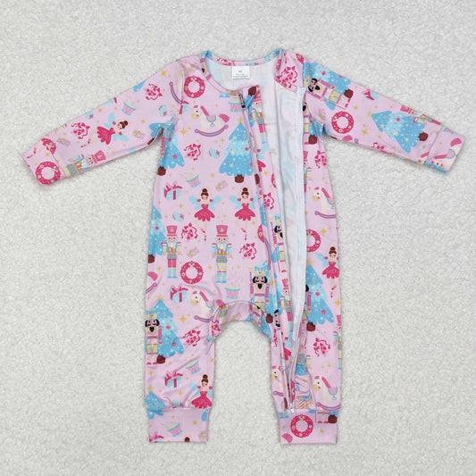LR1970 Nutcracke* Soldier Pink Print Baby Girls Christmas Zipper Sleeper Romper