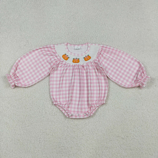 LR2181 Pumpkin Embroidery Pink Checkered Print Baby Girls Smocked Romper