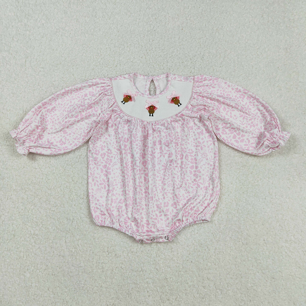 LR2184 Turkey Embroidery Pink Flowers Print Baby Girls Smocked Romper