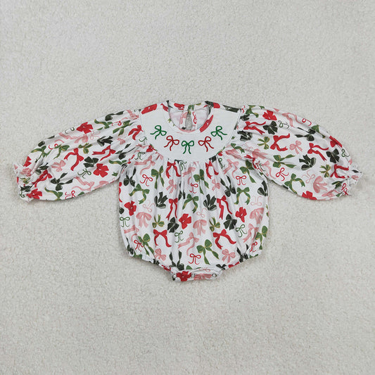 LR2185  Red Green Bows Embroidery Baby Girls Christmas Bubble Romper