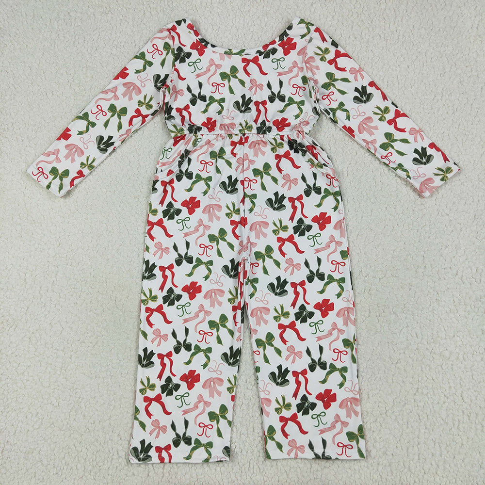 LR2192 Red Green Bows Print Girls Christmas Pockets Jumpsuits