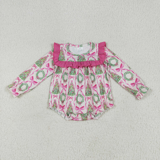 LR2202 Tree Bows Print Baby Girls Christmas Ruffle Romper