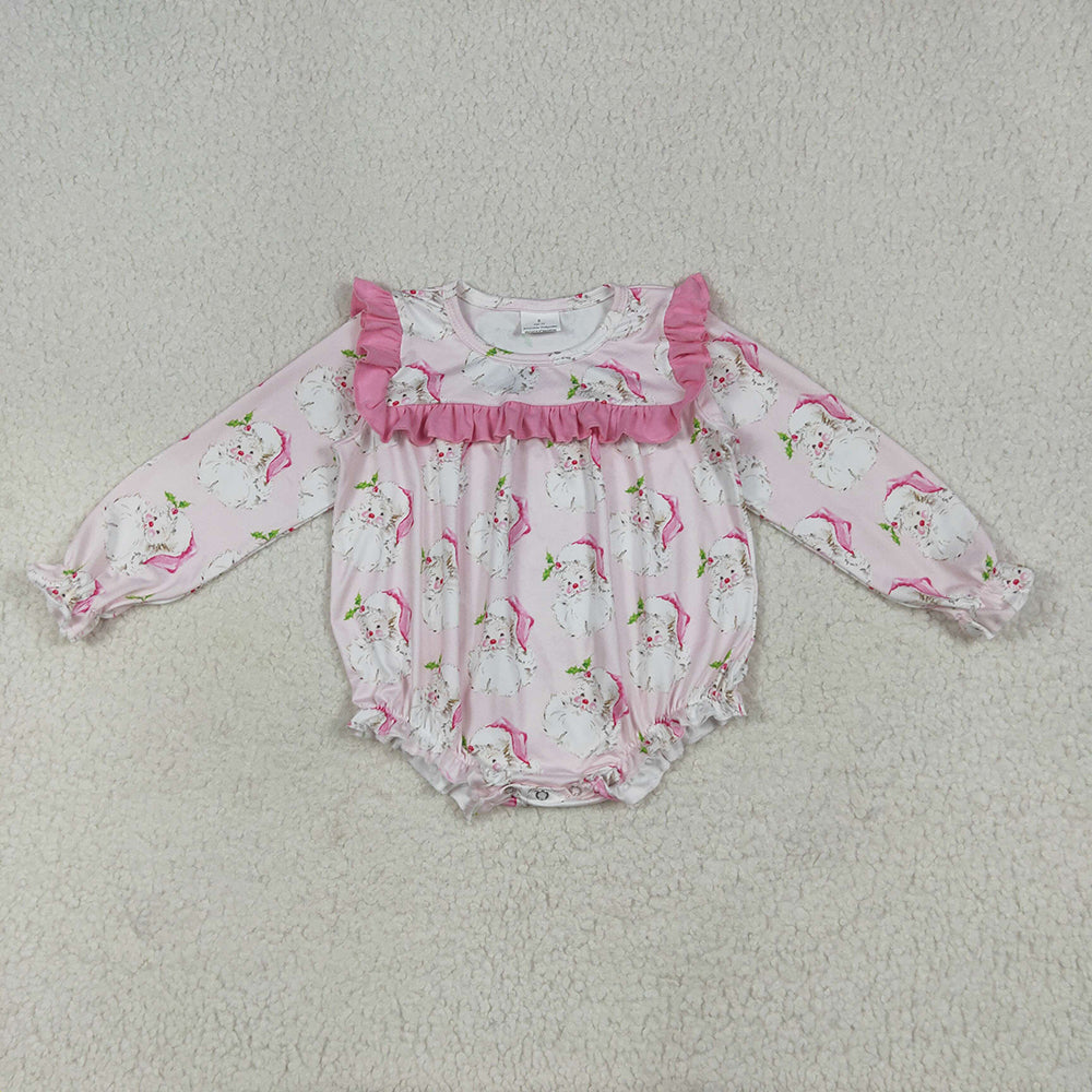 LR2208 Santa Holly Pink Print Baby Girls Christmas Ruffle Romper