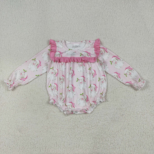 LR2208 Santa Holly Pink Print Baby Girls Christmas Ruffle Romper