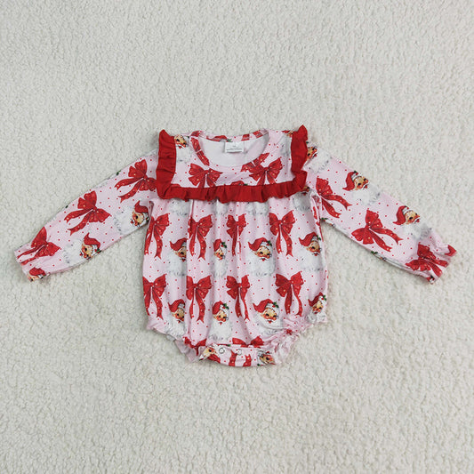 LR2210 Santa Red Bows Print Baby Girls Christmas Ruffle Romper