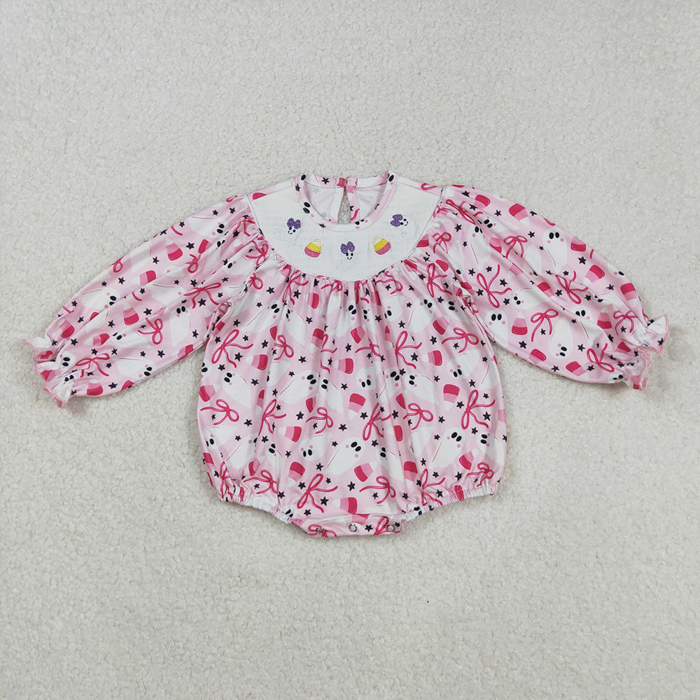 LR2216 Ghost Candy Embroidery Bows Print Baby Girls Halloween Smocked Romper