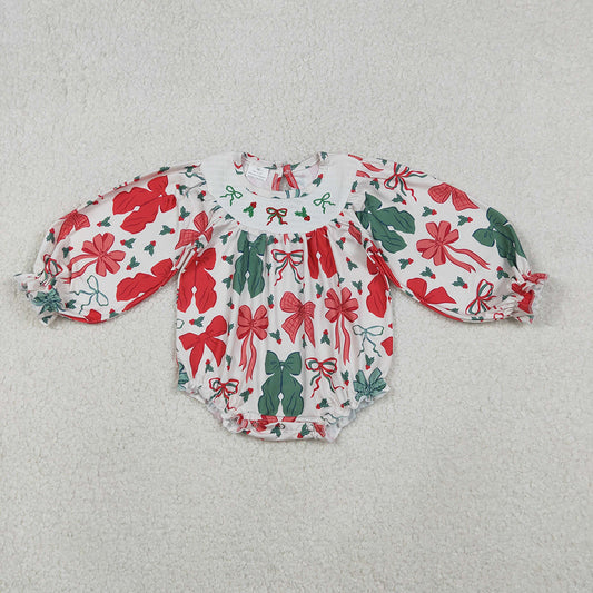 LR2217  Red Green Bows Holly Embroidery Baby Girls Christmas Bubble Romper