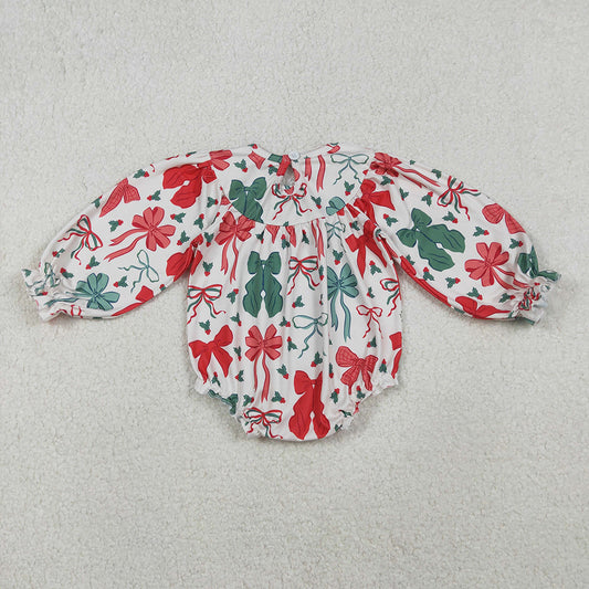 LR2217  Red Green Bows Holly Embroidery Baby Girls Christmas Bubble Romper