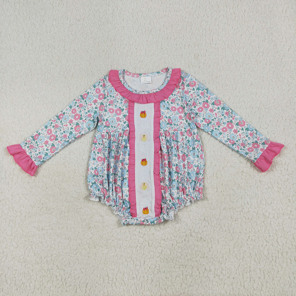 LR2219 Turkey Pumpkin Embroidery Flowers Baby Girls Thanksgiving Romper