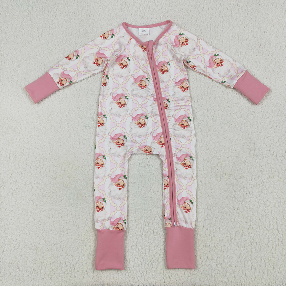 LR2224 Santa Pink Print Baby Girls Christmas Zipper Sleeper Romper