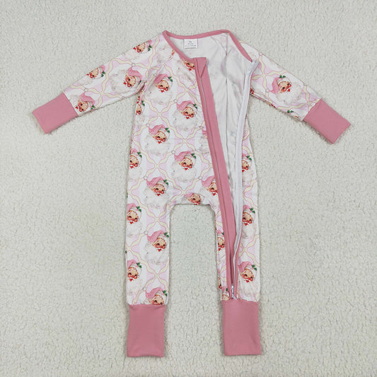 LR2224 Santa Pink Print Baby Girls Christmas Zipper Sleeper Romper