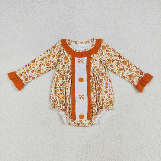 LR2228 Pumpkin Bows Embroidery Flowers Orange Baby Girls Fall Romper