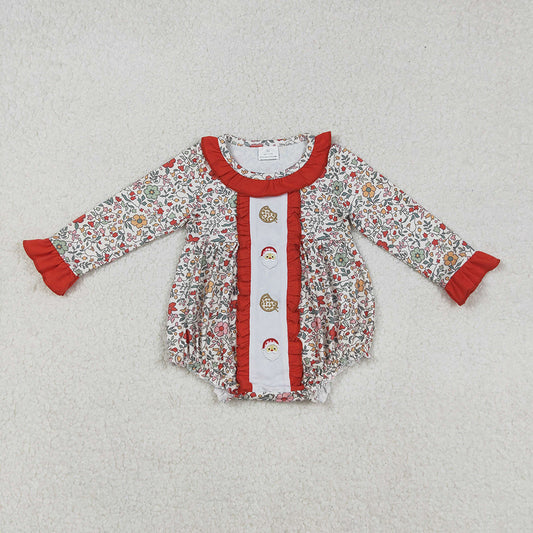 LR2232  Cookies Santa Embroidery Flowers Baby Girls Christmas Ruffle Romper