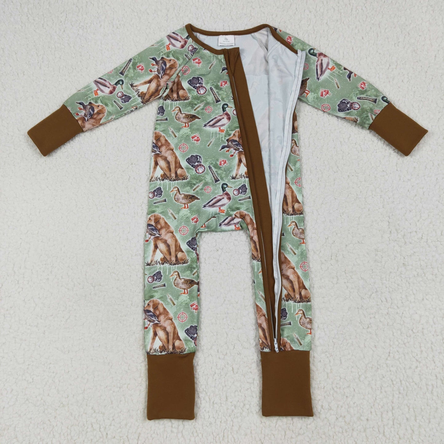 Sibling Baby Boys Green Dogs Ducks Hunting Rompers Pajamas Sets