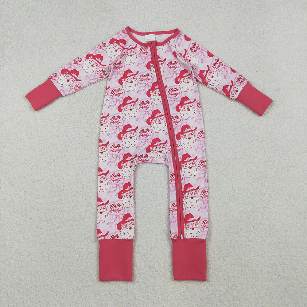 LR2243 Santa Howdy Print Baby Girls Christmas Zipper Sleeper Romper