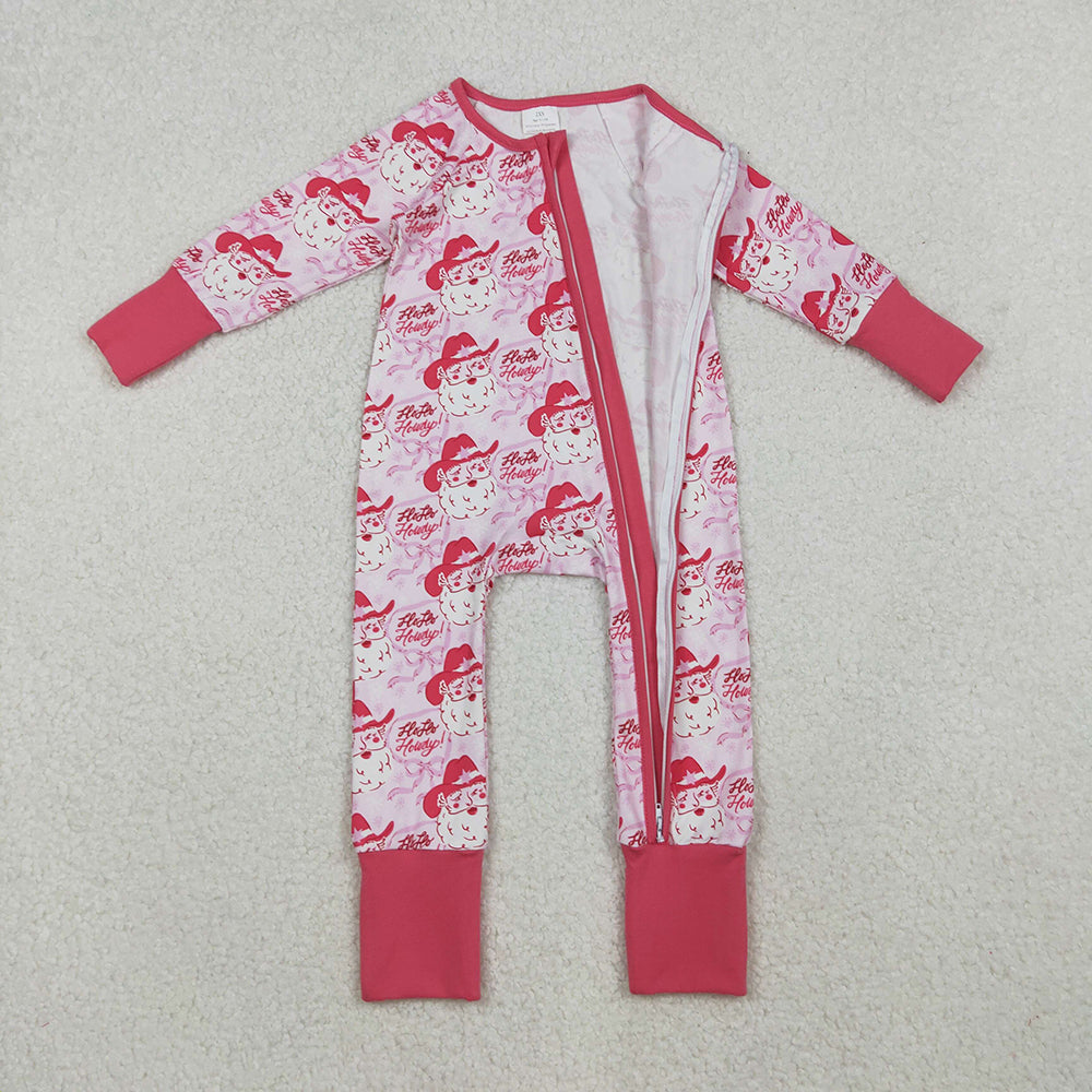 LR2243 Santa Howdy Print Baby Girls Christmas Zipper Sleeper Romper