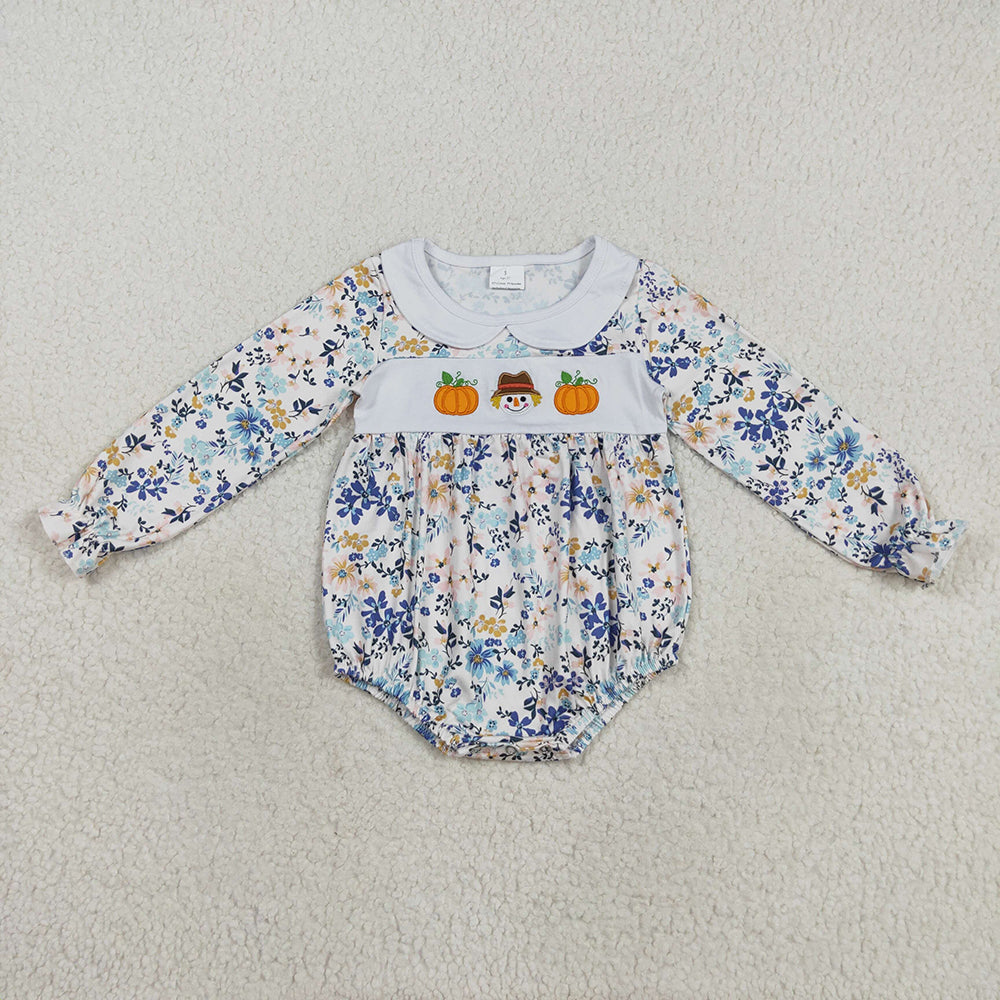 LR2246 Pumpkin Embroidery Flowers Baby Girls Fall Romper