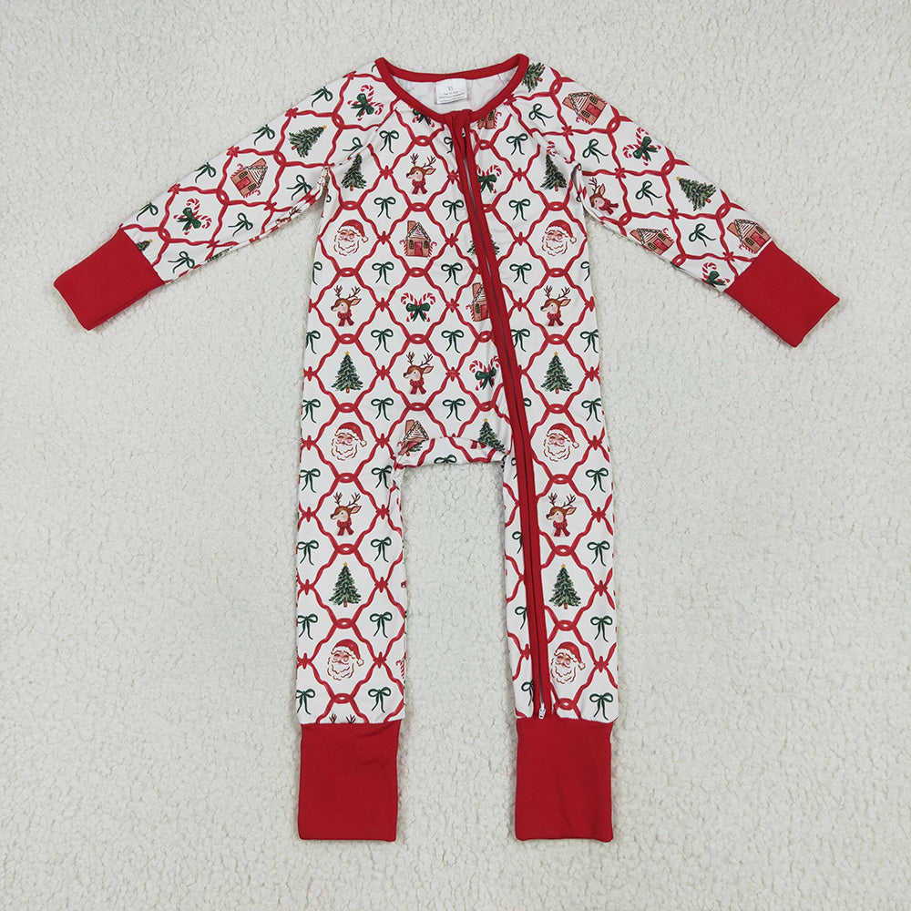 LR2248 Santa Candy Cane Bows Print Baby Girls Christmas Zipper Sleeper Romper