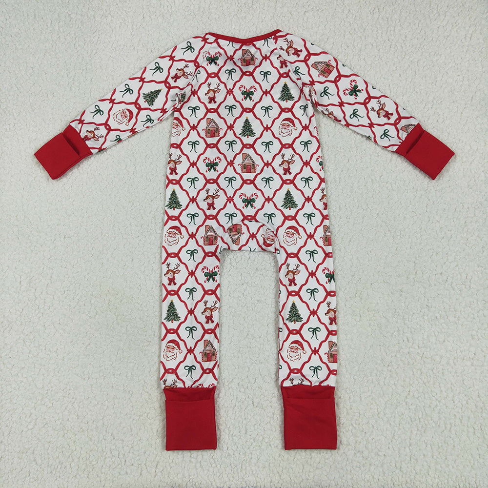 LR2248 Santa Candy Cane Bows Print Baby Girls Christmas Zipper Sleeper Romper