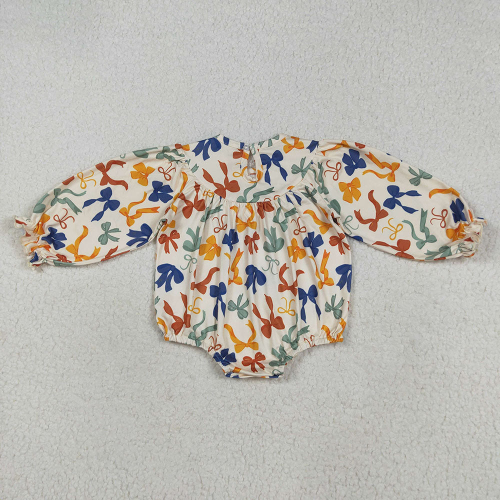 LR2257 Thankful Embroidery Bows Print Baby Girls Thanksgiving Smocked Romper