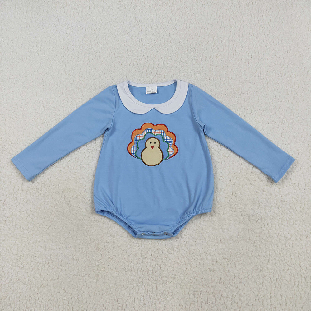 LR2261 Turkey Embroidery Blue Cotton Baby Boys Thanksgiving Romper