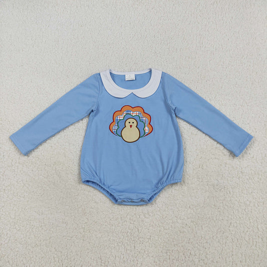 LR2261 Turkey Embroidery Blue Cotton Baby Boys Thanksgiving Romper